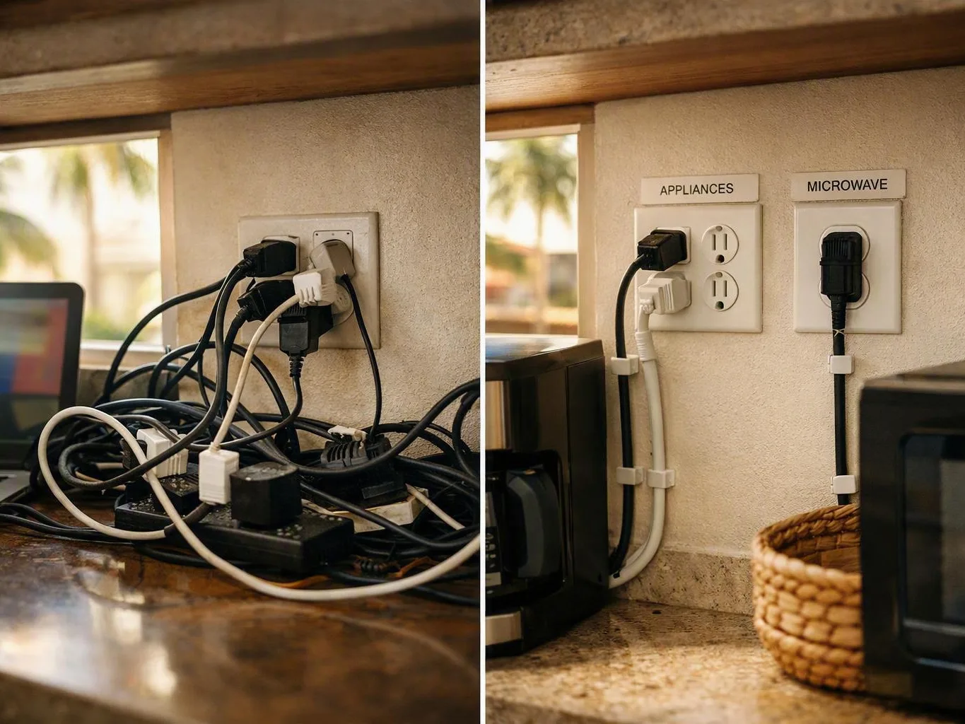 Kitchen outlets compare tangled cords with neatly labeled appliance plugs