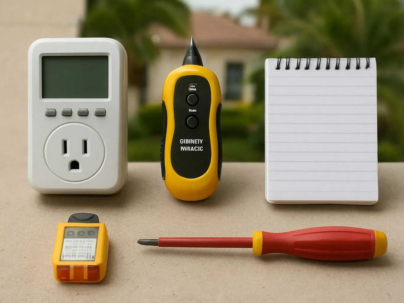 Tabletop display of outlet testers, voltage tools, a meter, notepad, and