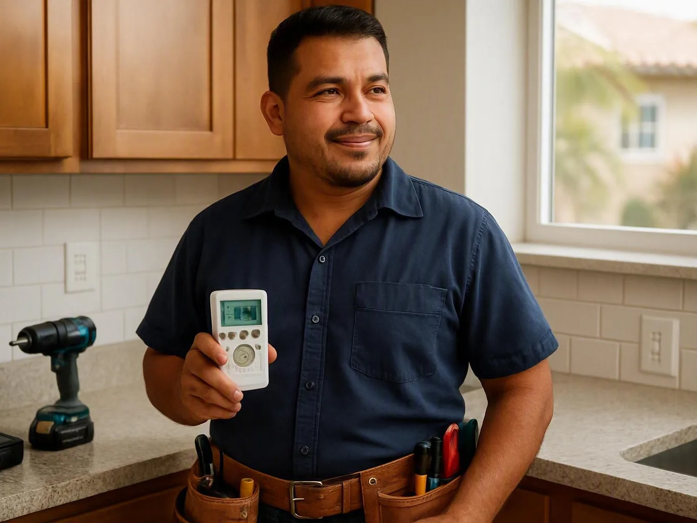 Electrician in a kitchen holding a digital testing device beside a countertop