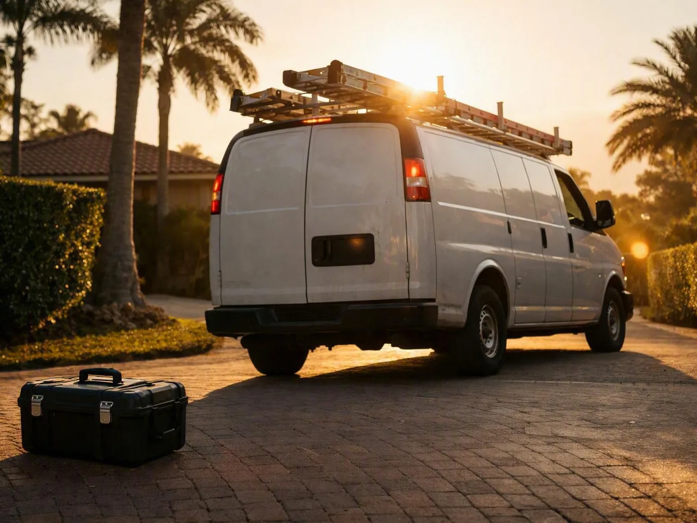 White electrical work van with roof ladders parked beside equipment and palm