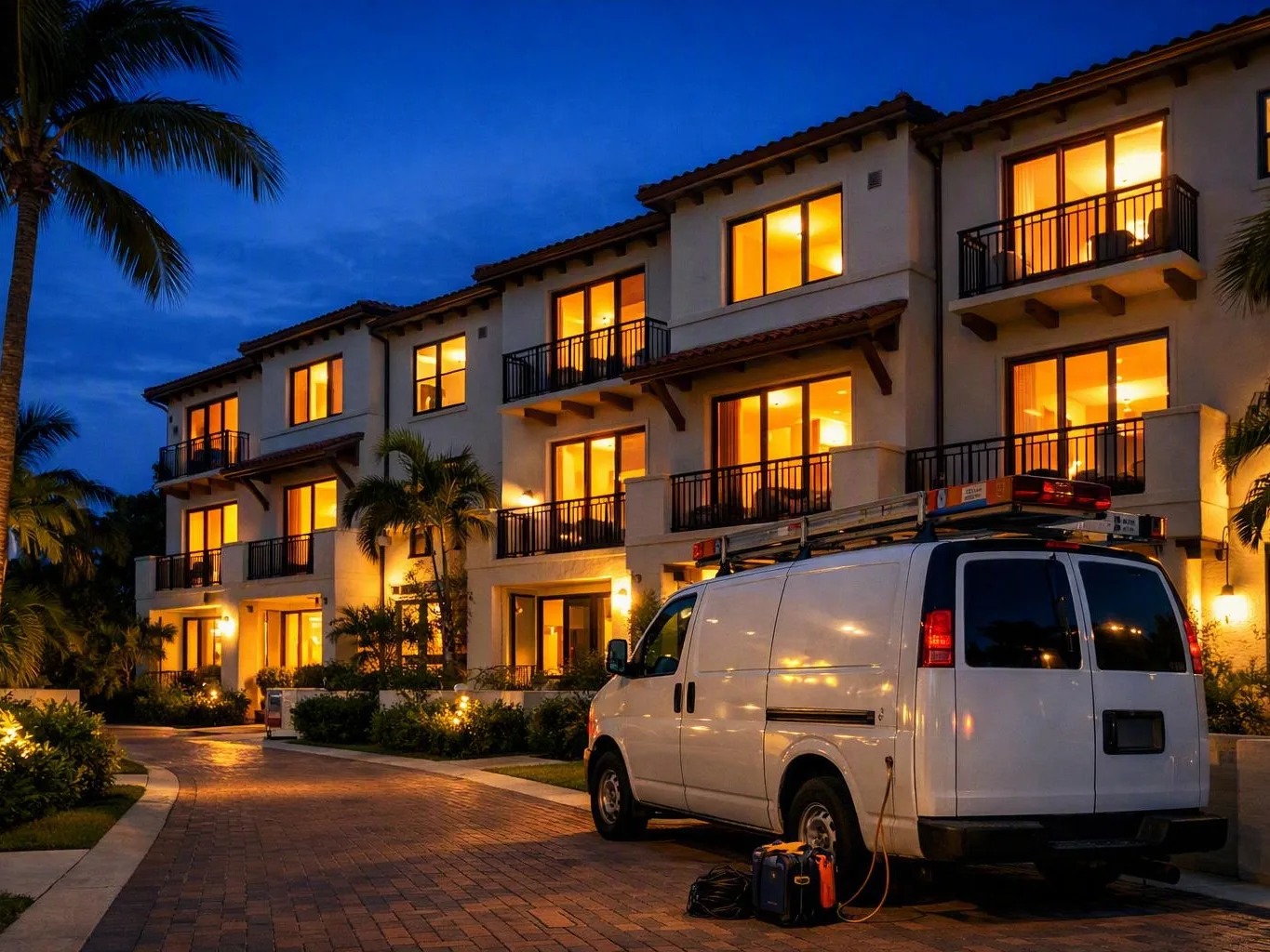 White service van parked outside a lit apartment building with balconies and
