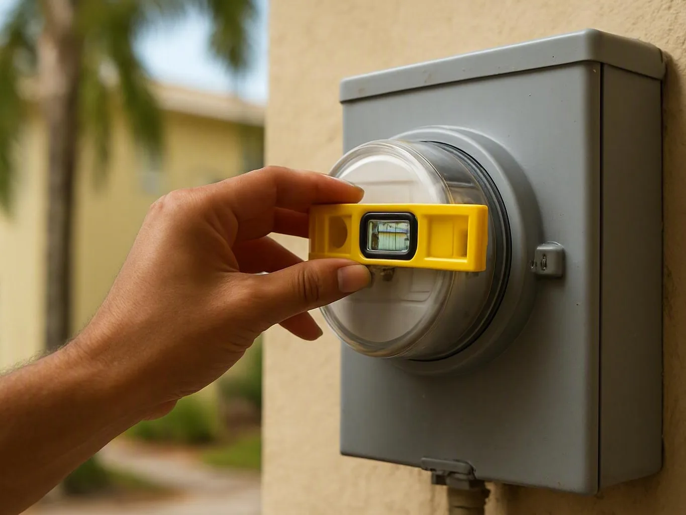 Hand holds a yellow level against an outdoor electric meter mounted on a wall