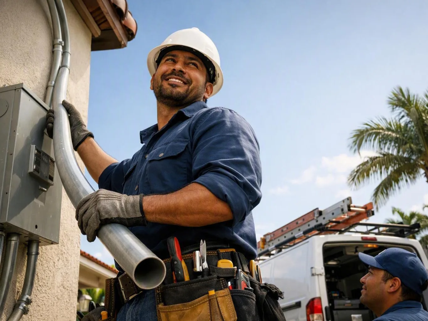 Worker in a hard hat holds conduit beside a house as coworkers stand near a van