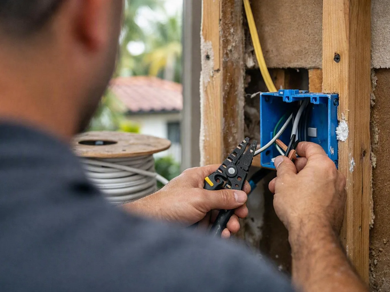 Person wires a blue electrical box with pliers beside a spool of cable