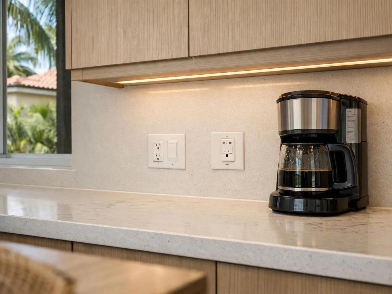 Black drip coffee maker on a kitchen counter beside wall outlets and a bright