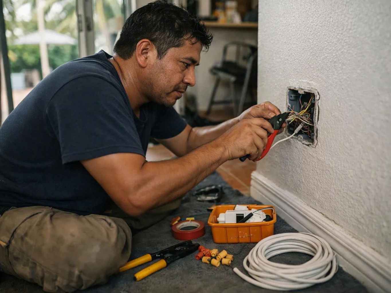 Technician wiring an open wall outlet with red pliers, tools, and cable on the