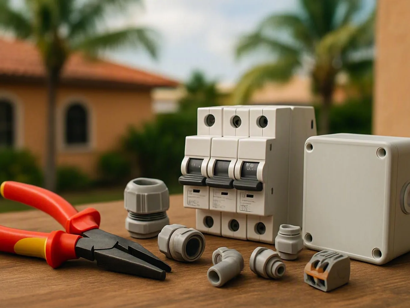 Pliers and conduit fittings beside an electrical breaker panel and junction box