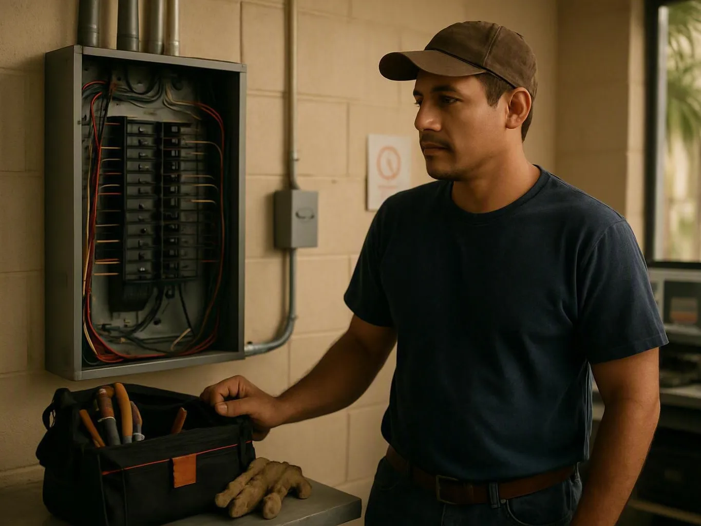 Technician holding a tool bag beside an open electrical panel in a utility room