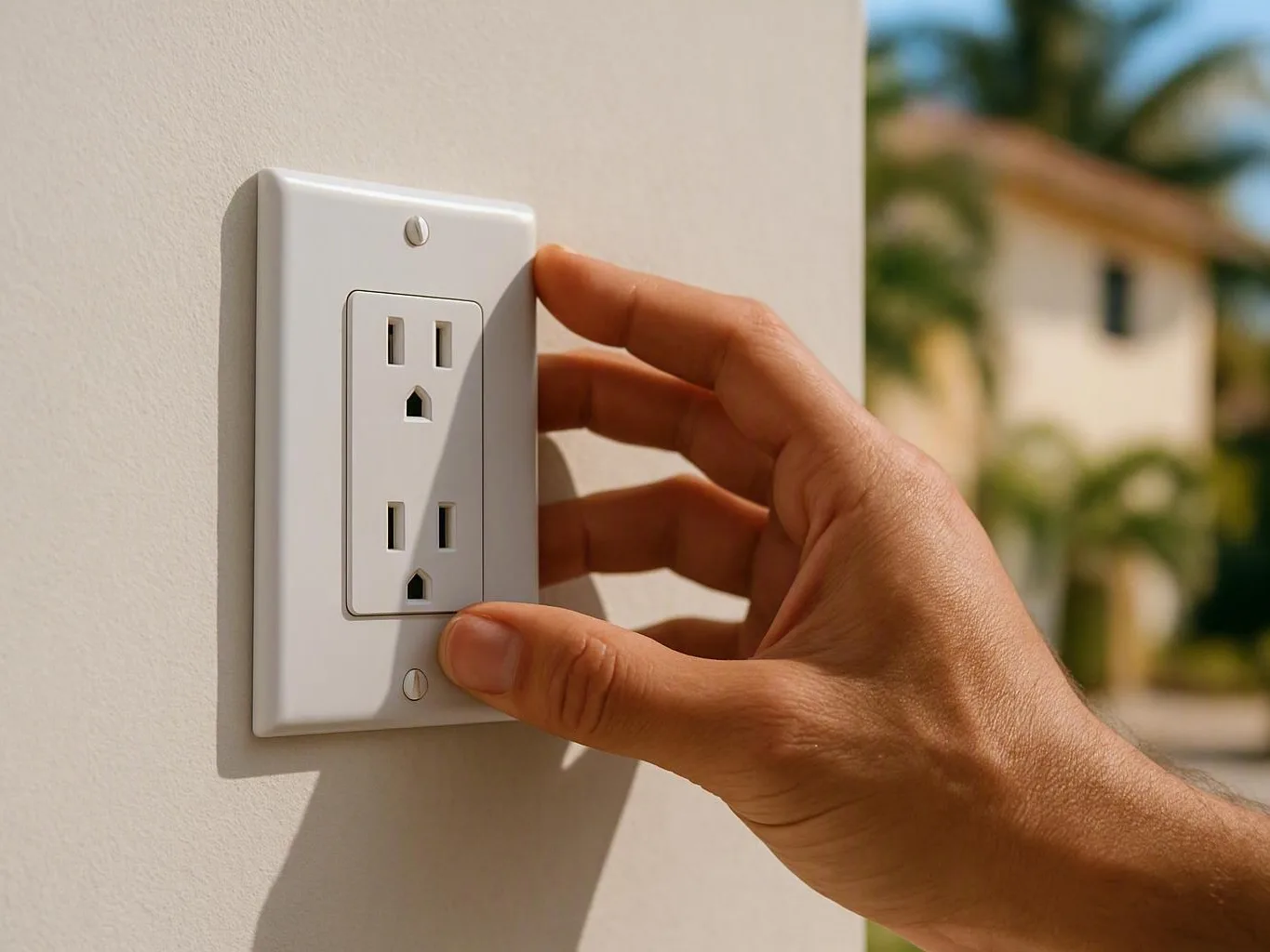 Hand adjusting a white electrical outlet on a sunlit exterior stucco wall