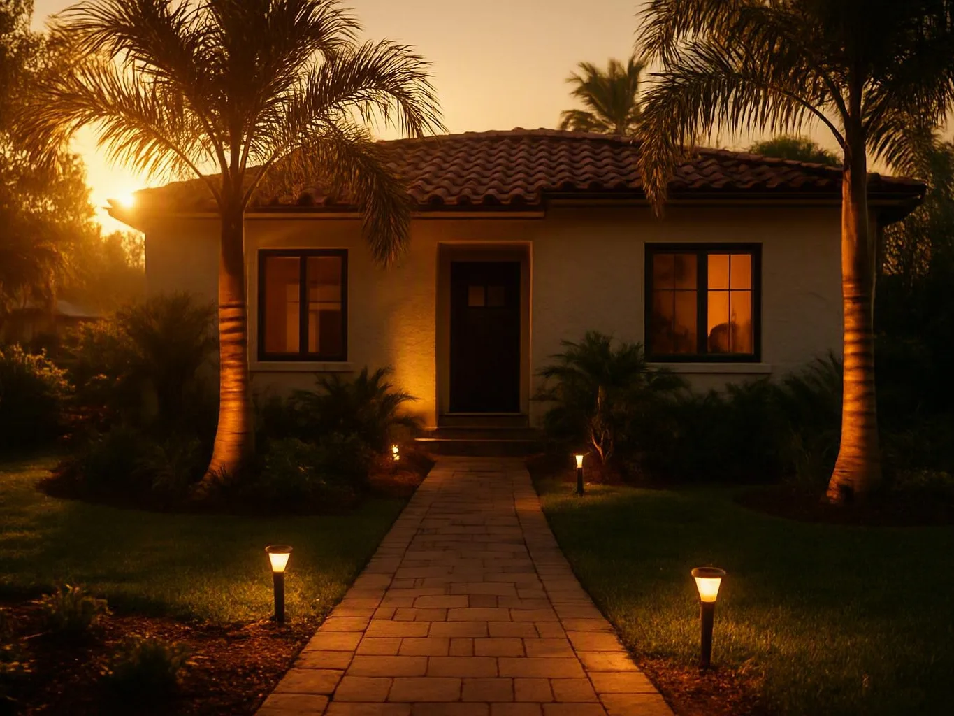 Small stucco house at sunset with palm trees, glowing path, and garden lights