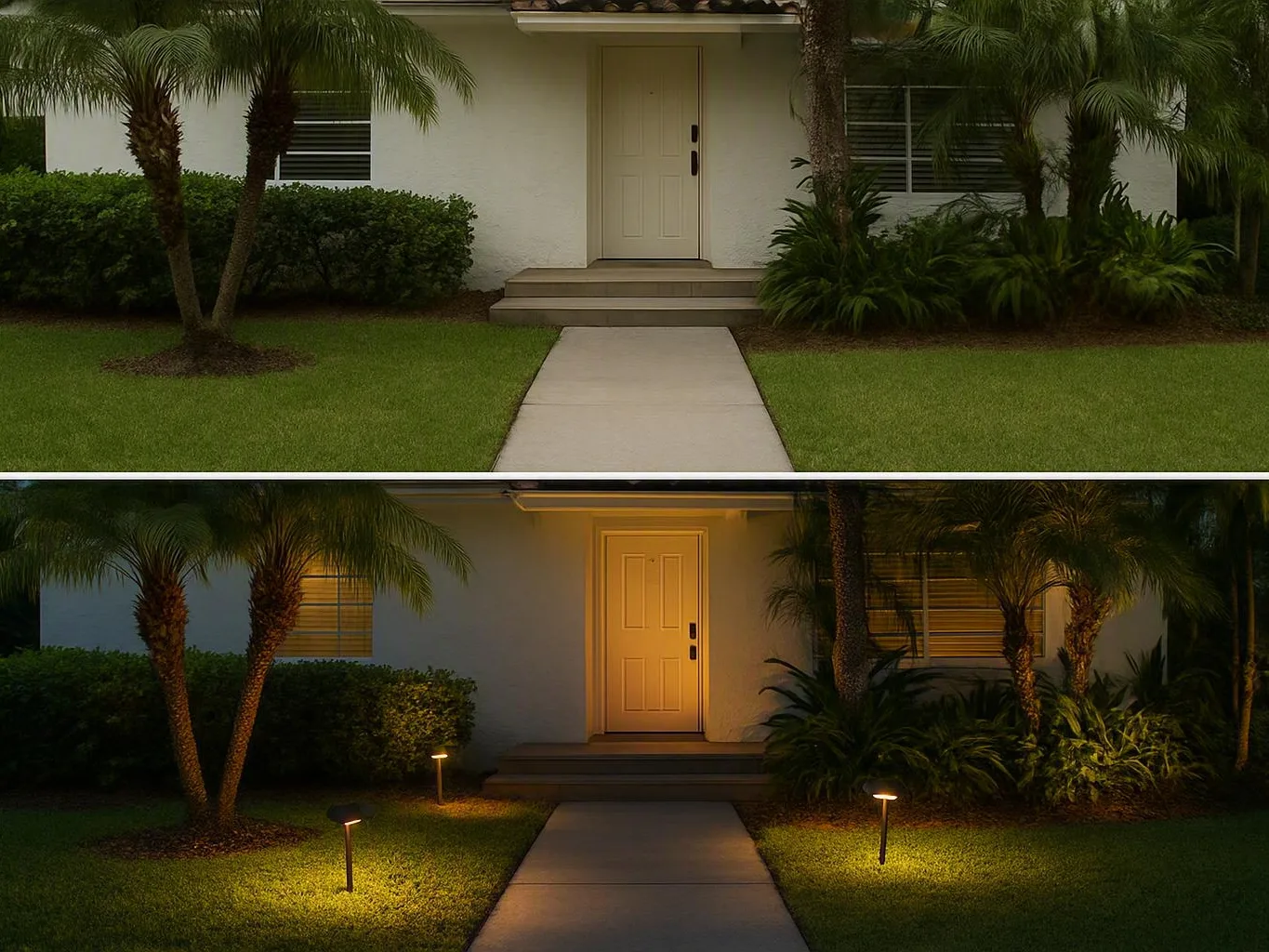 House entry shown in daylight and at night with palm trees, walkway, and path