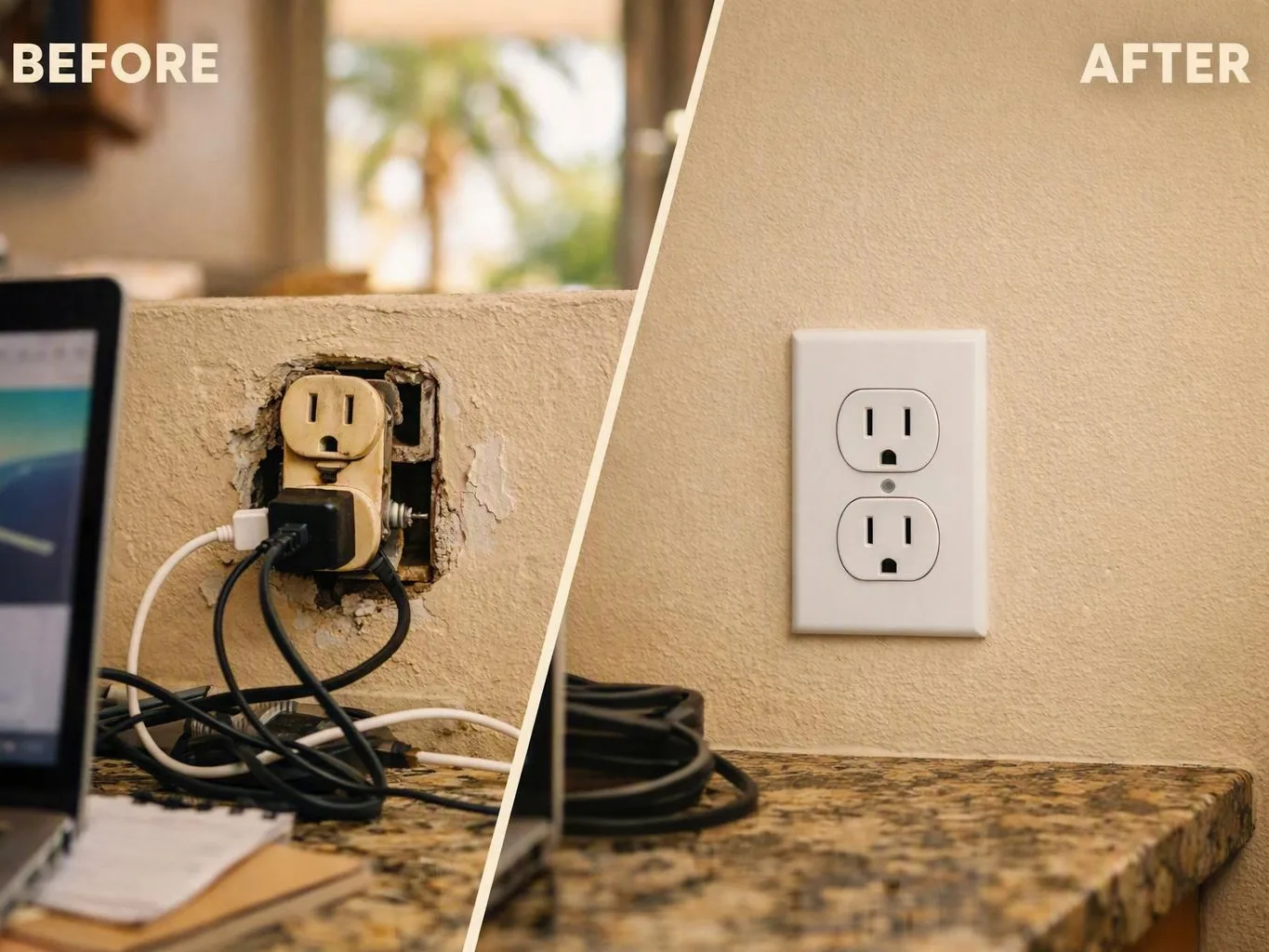 Before-and-after view of a damaged wall outlet replaced with a clean white