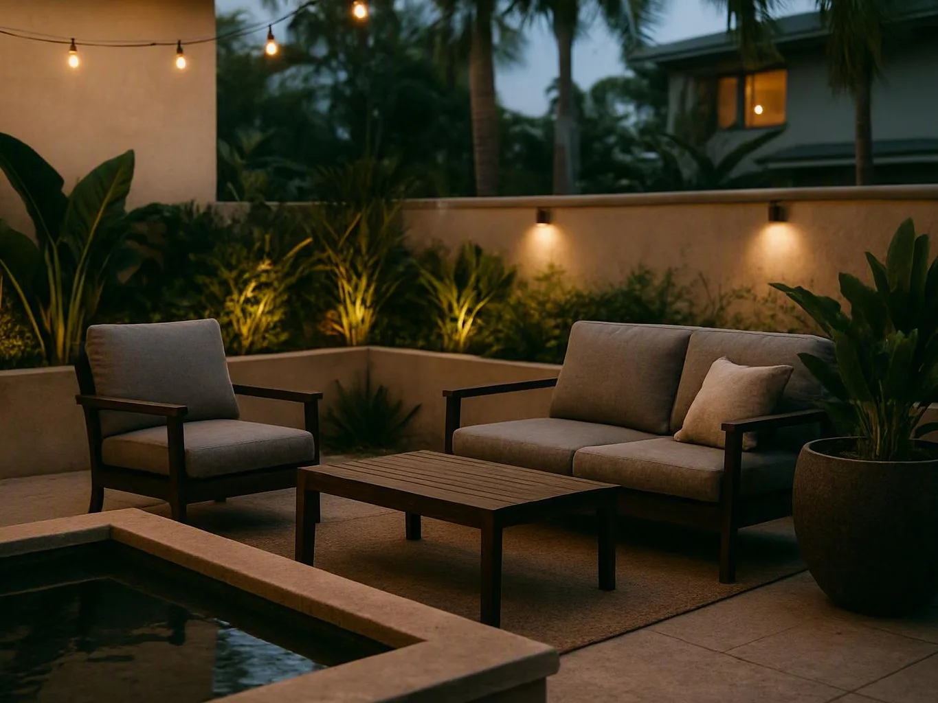Cozy patio with gray seating, string lights, tropical plants, and a small water