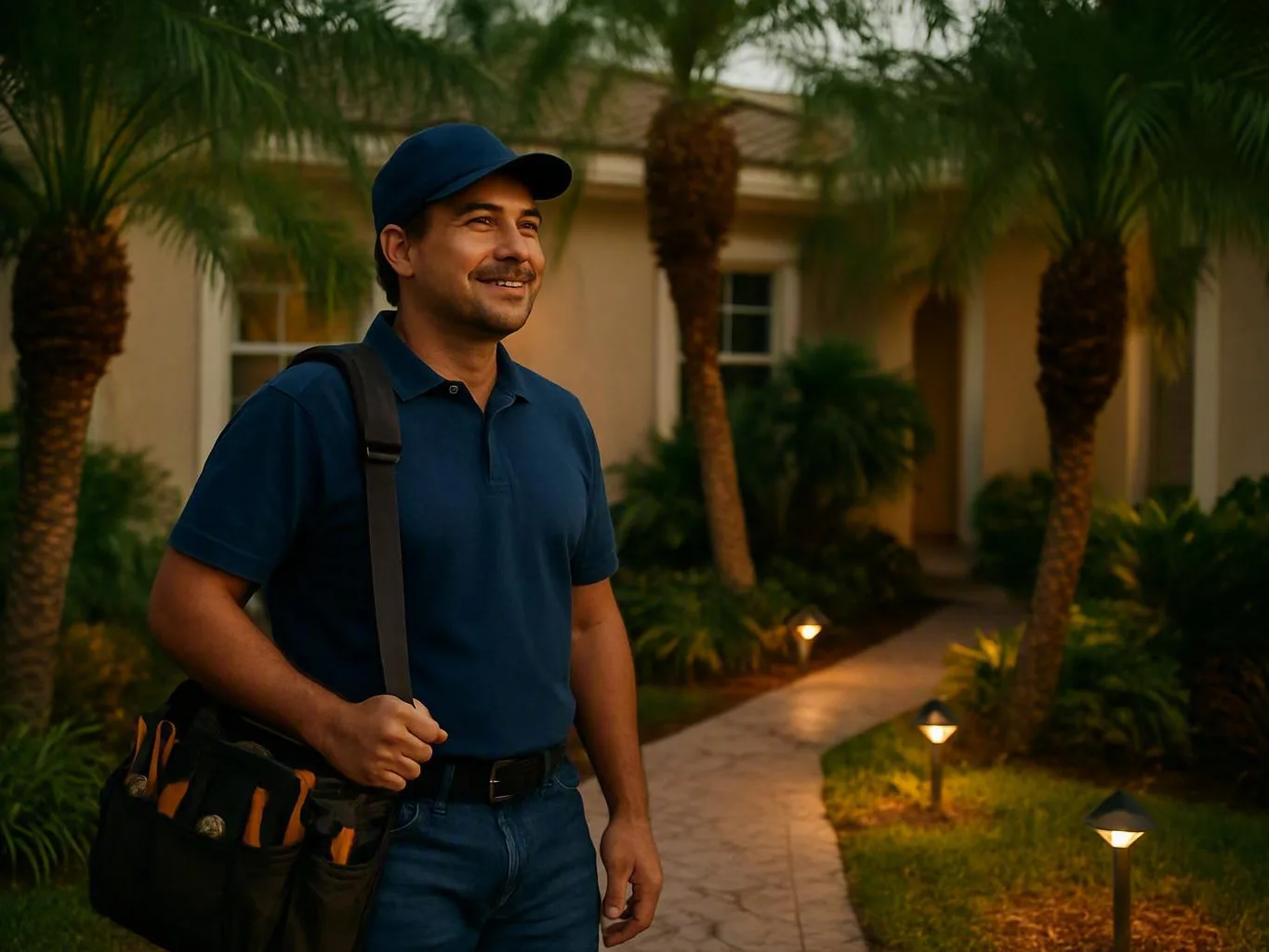 Smiling electrician carrying a tool bag along a palm-lined house path at dusk