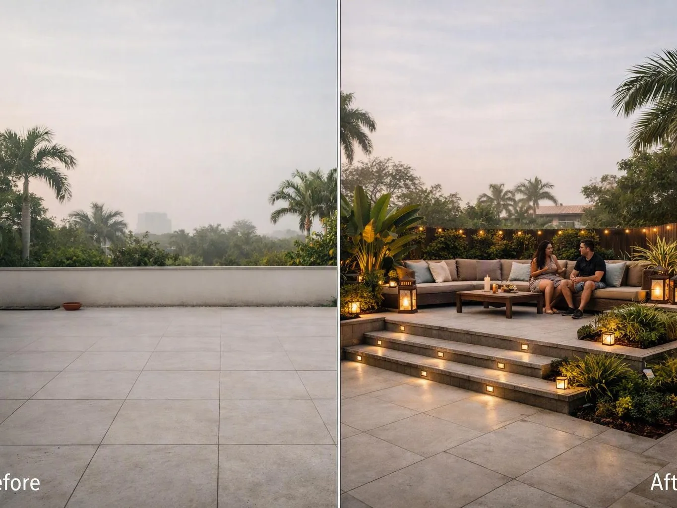 Split-screen patio transformation from an empty space to a lit lounge with two