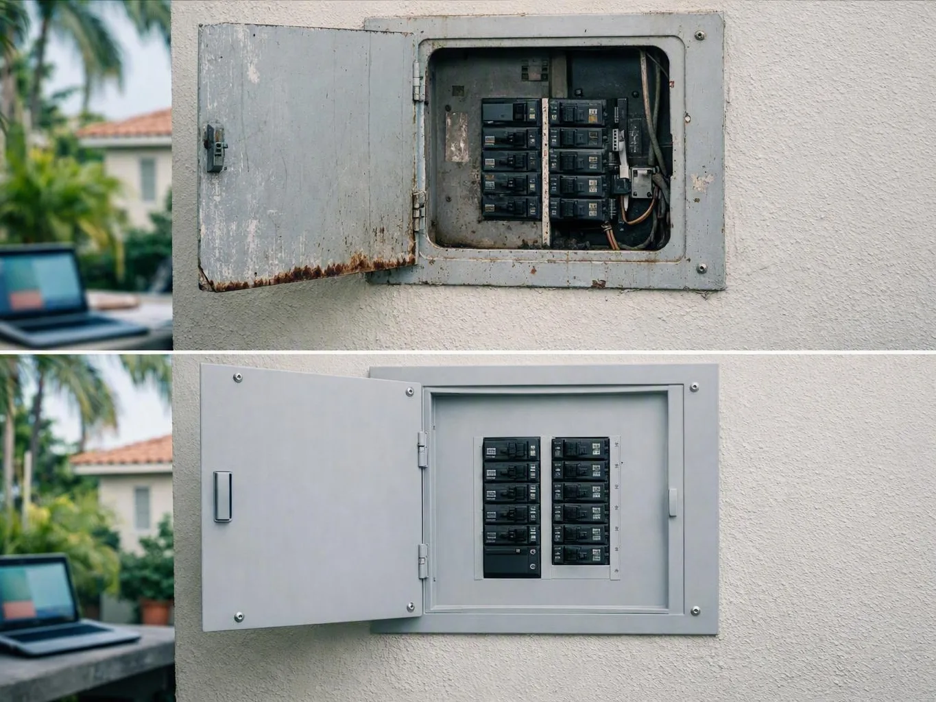 Rusty open breaker box above a clean closed electrical panel on a stucco wall