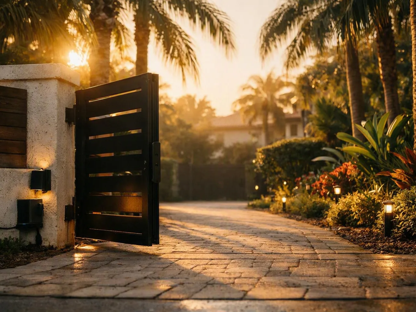 Open black gate beside a stone wall and palm-lined driveway glowing at sunset