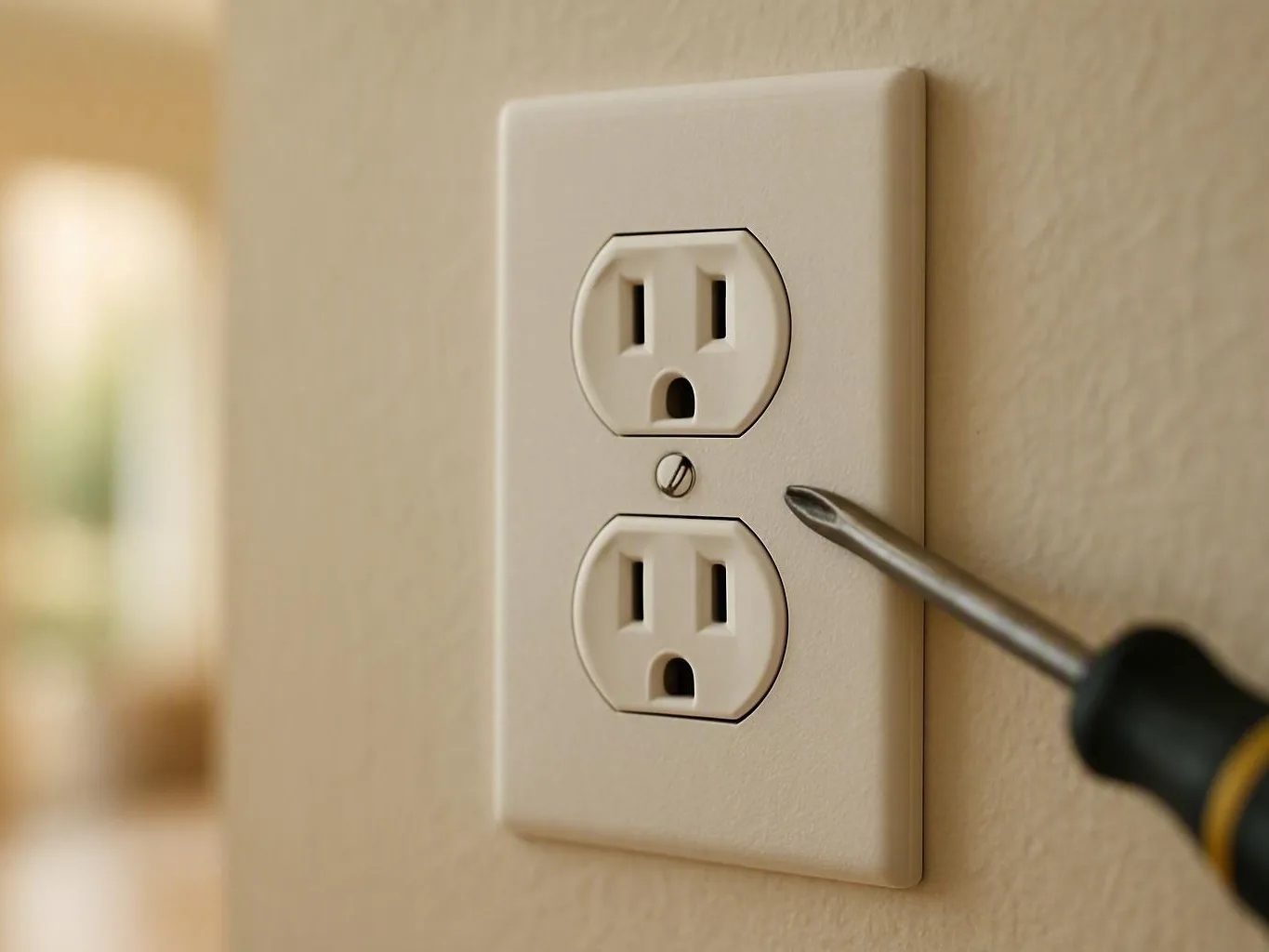Screwdriver pointing toward a beige double wall outlet on a painted interior