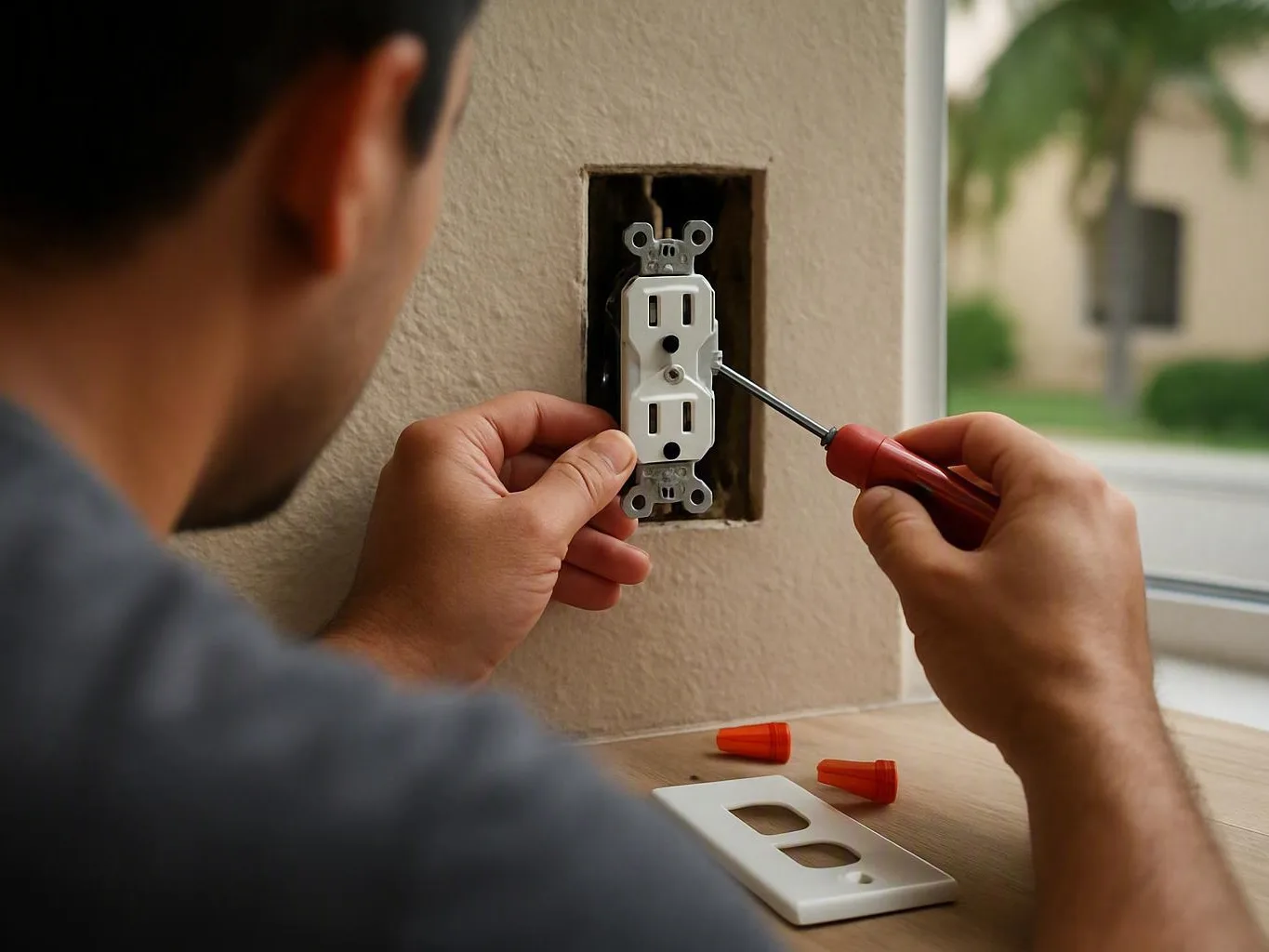 Person installing a wall outlet with a screwdriver beside a window and wooden