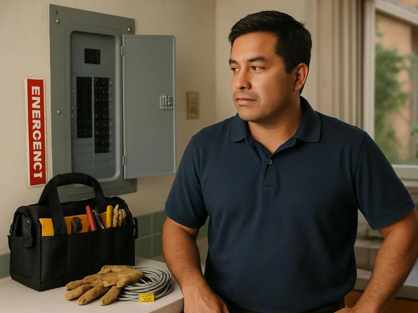 Technician standing beside an open electrical panel with tools, gloves, and