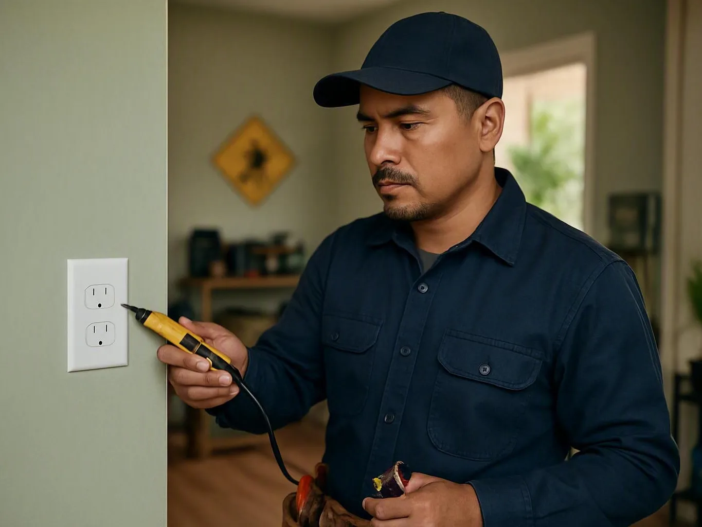Man in a navy cap tests a wall outlet with a yellow voltage tester