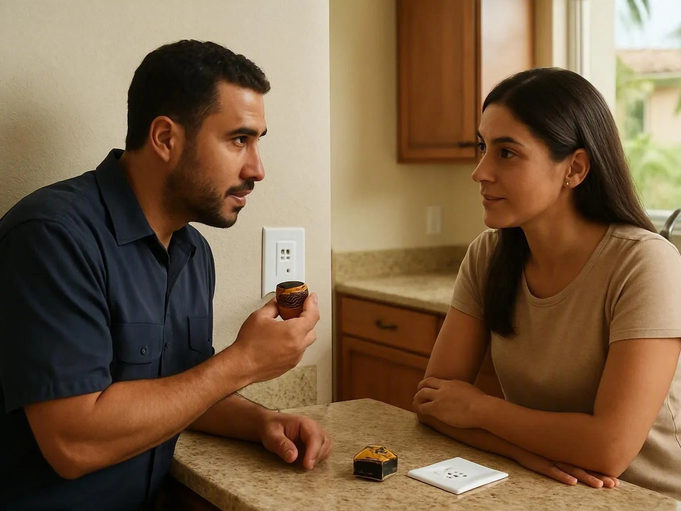 Man and woman sit across a kitchen counter while he holds a small pipe piece