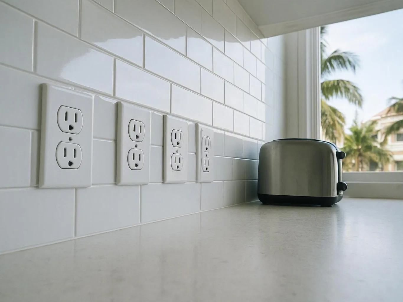 Four electrical outlets beside a stainless toaster on a bright kitchen