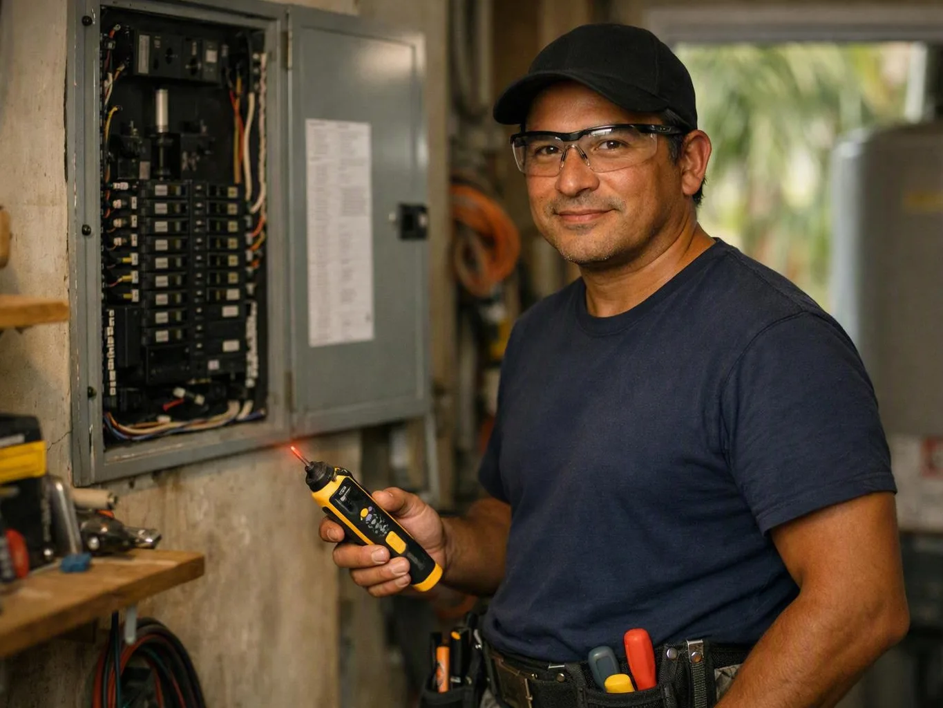 Technician wearing safety glasses tests an open electrical panel with a circuit