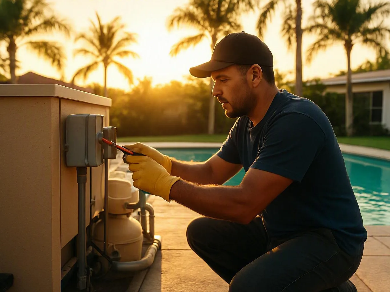 Gloved man adjusts pool equipment beside a backyard swimming pool at sunset