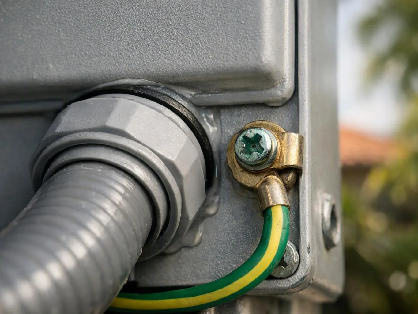 Close-up of an electrical box with corrugated cable and attached green-yellow