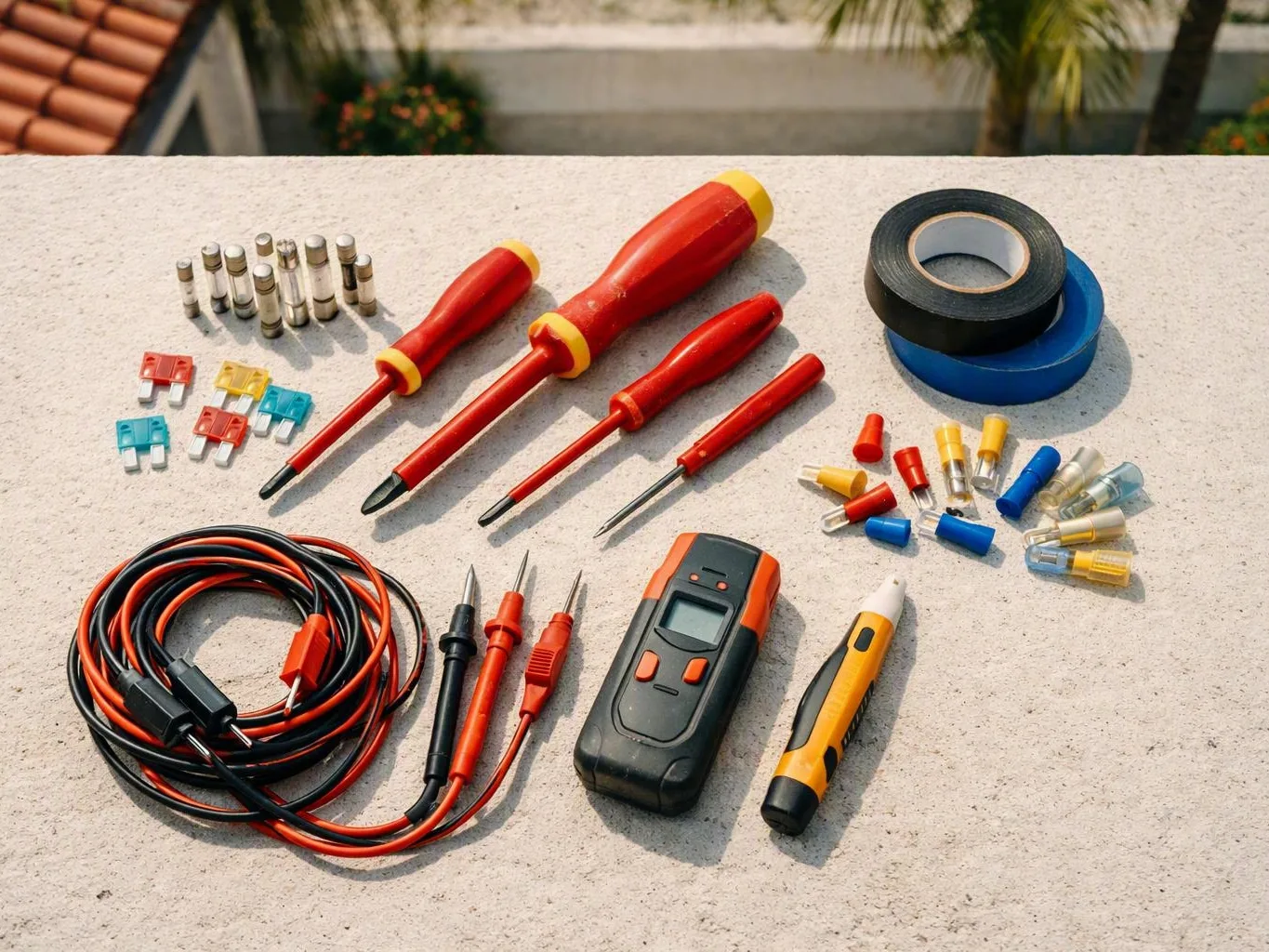 Electrical tools, test leads, fuses, tape, and wire connectors arranged on a