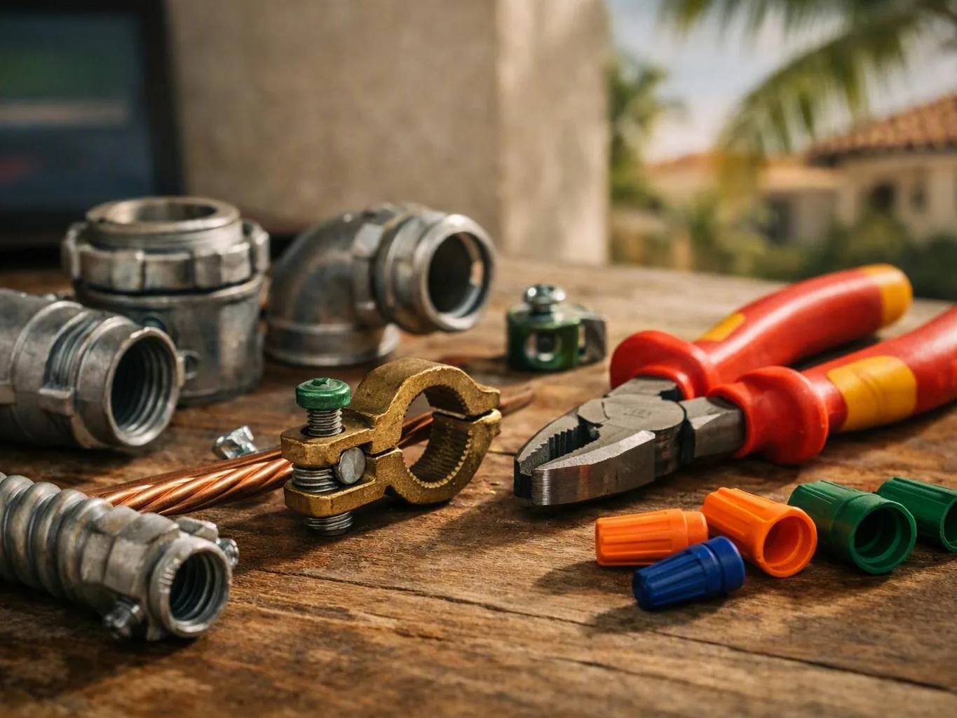 Pliers, metal cable fittings, and colorful wire connectors arranged on an