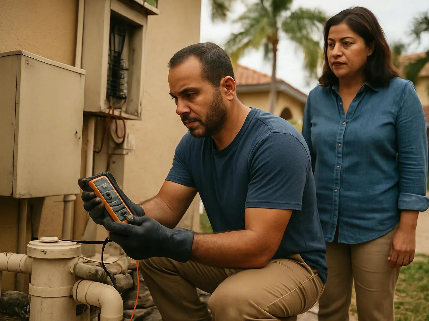 Gloved technician checks electrical readings beside outdoor utility pipes as a