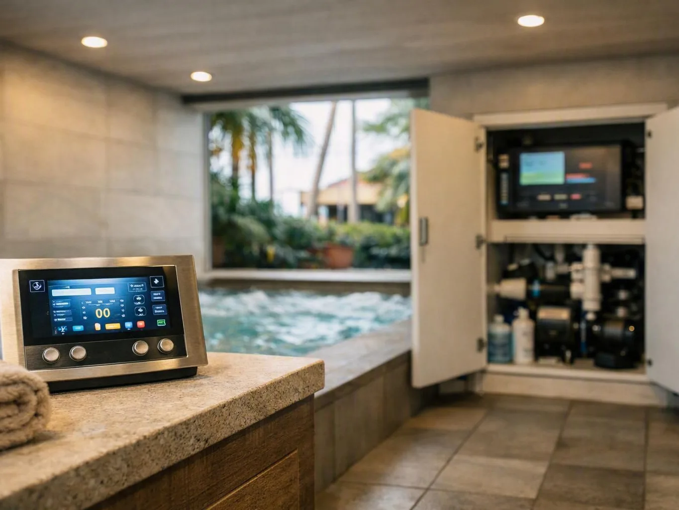 Poolside equipment room with digital control panels and open electrical cabinets