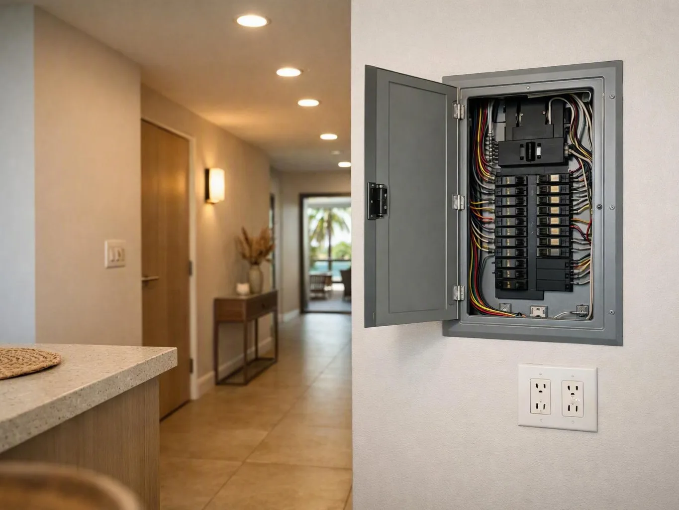 Open electrical breaker panel mounted on a white wall beside a bright patio