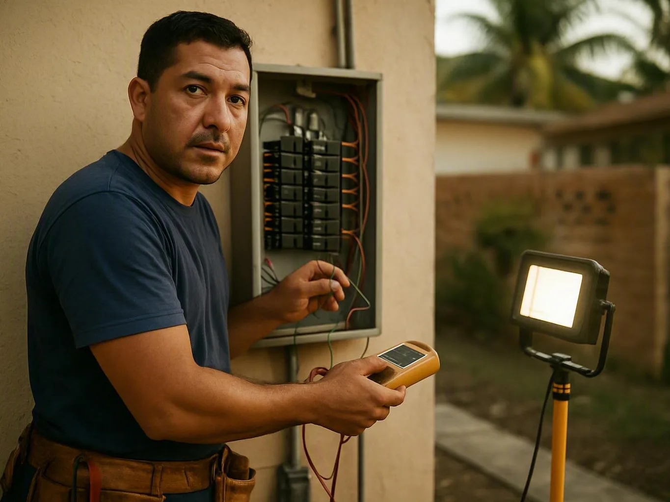 Technician tests wires inside an open outdoor electrical panel beside a bright