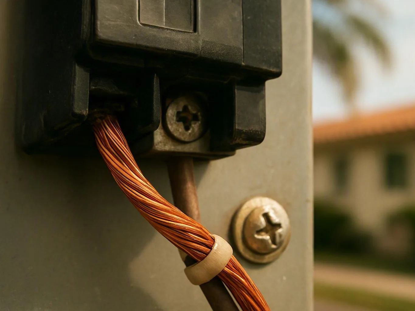 Close-up of copper wires connected to a black electrical fixture on an outdoor — Can One Switch Support Several Buildings...