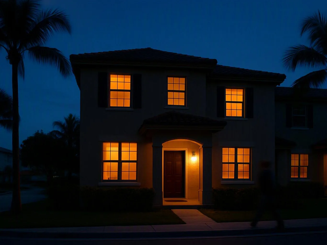Two-story home with glowing windows and porch light at dusk, framed by palm