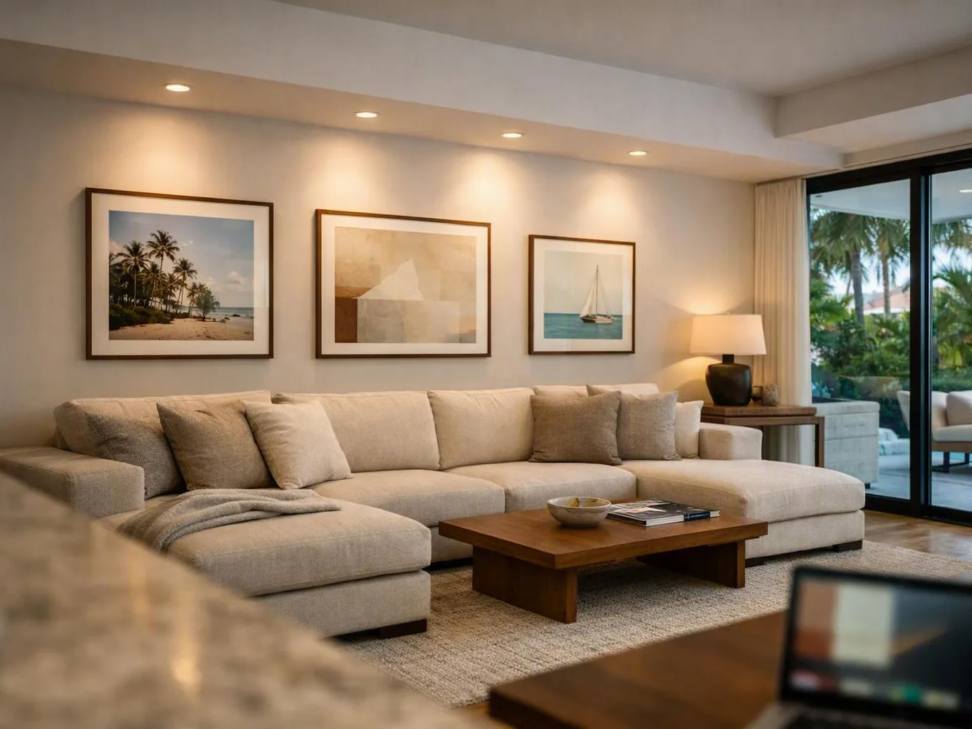 Modern living room with beach artwork, sliding glass doors, and a tropical patio
