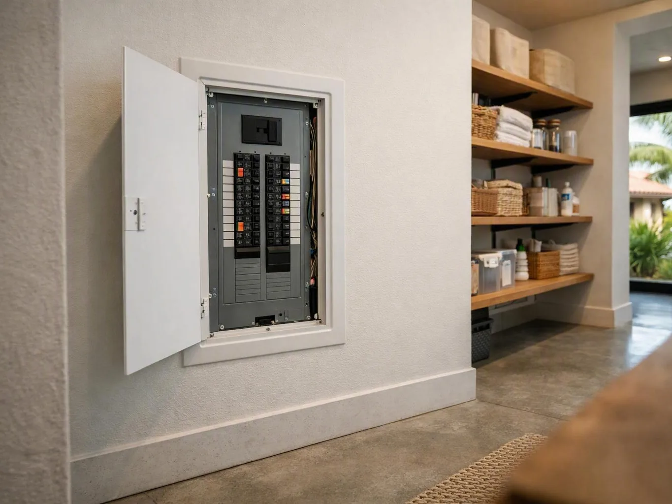 Open breaker panel installed in a white wall beside wooden shelves