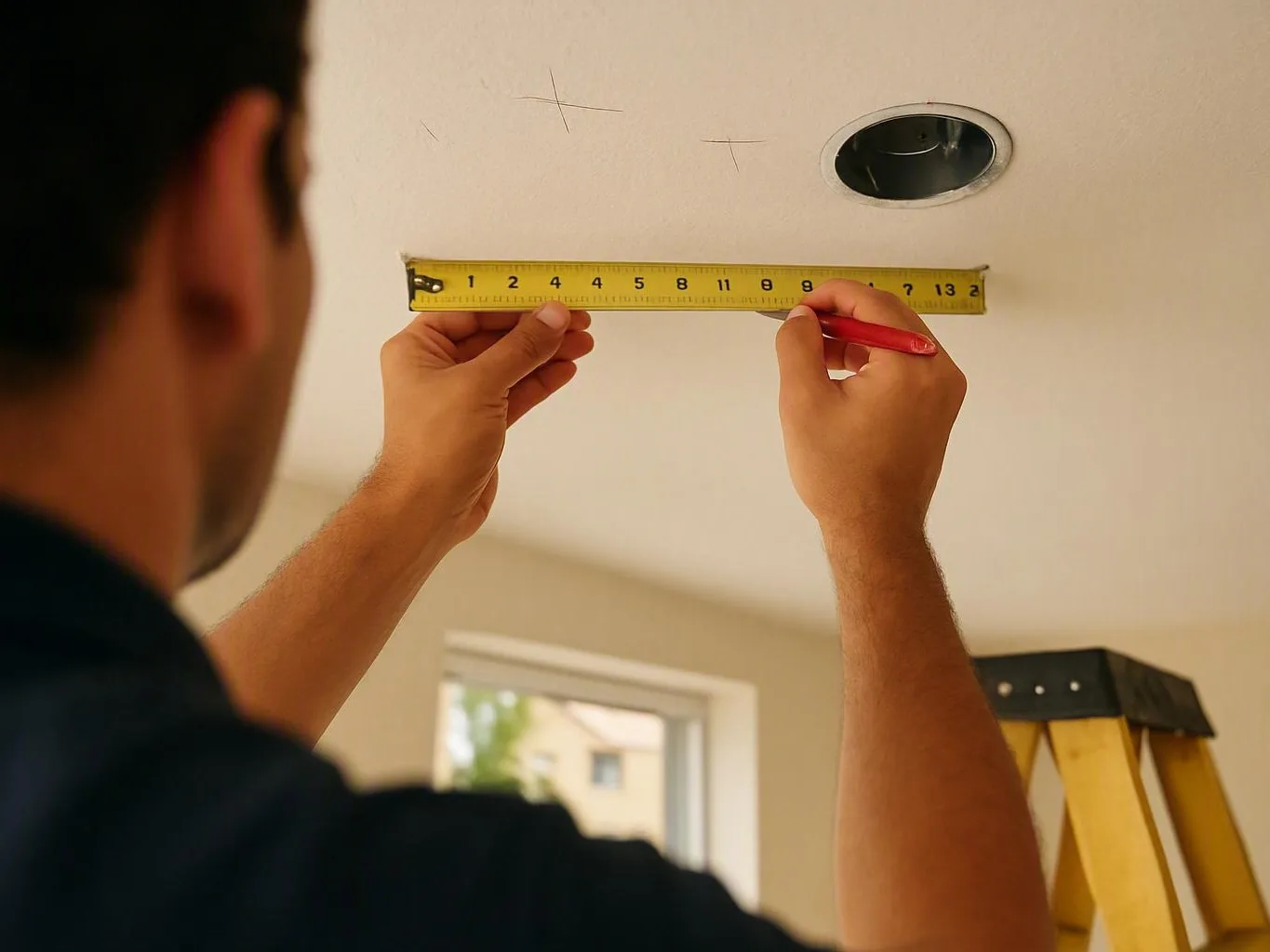 Technician measures a ceiling beside a recessed light and ladder during