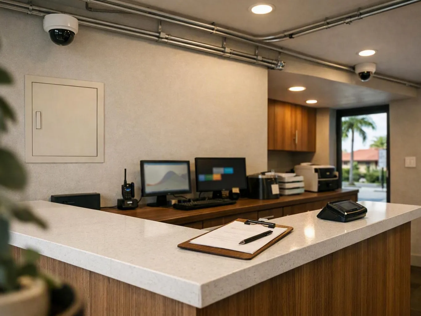 Bright office lobby with reception desk, monitors, printer, clipboards, and