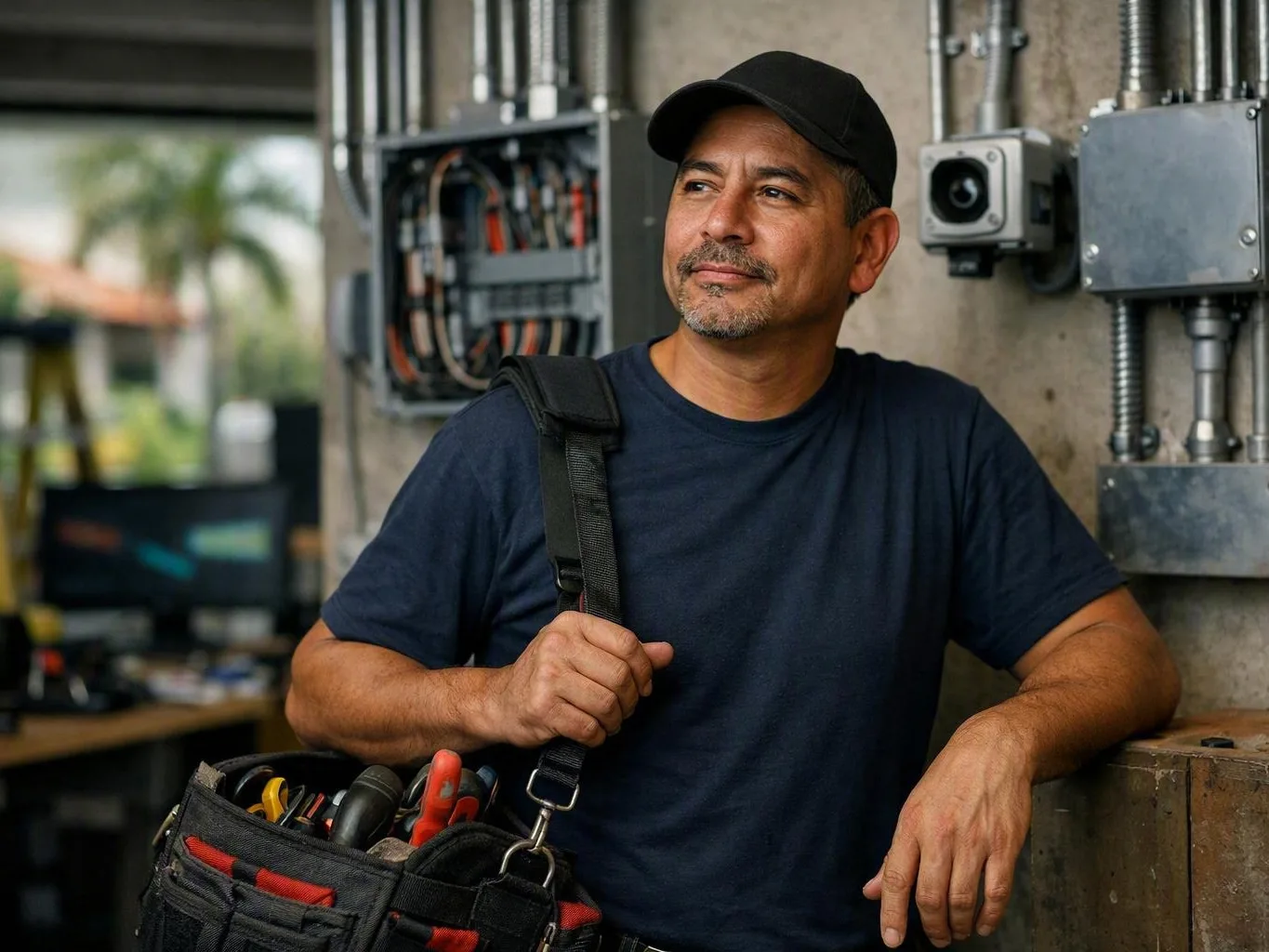 Electrician standing beside electrical panels in a workshop with a tool bag