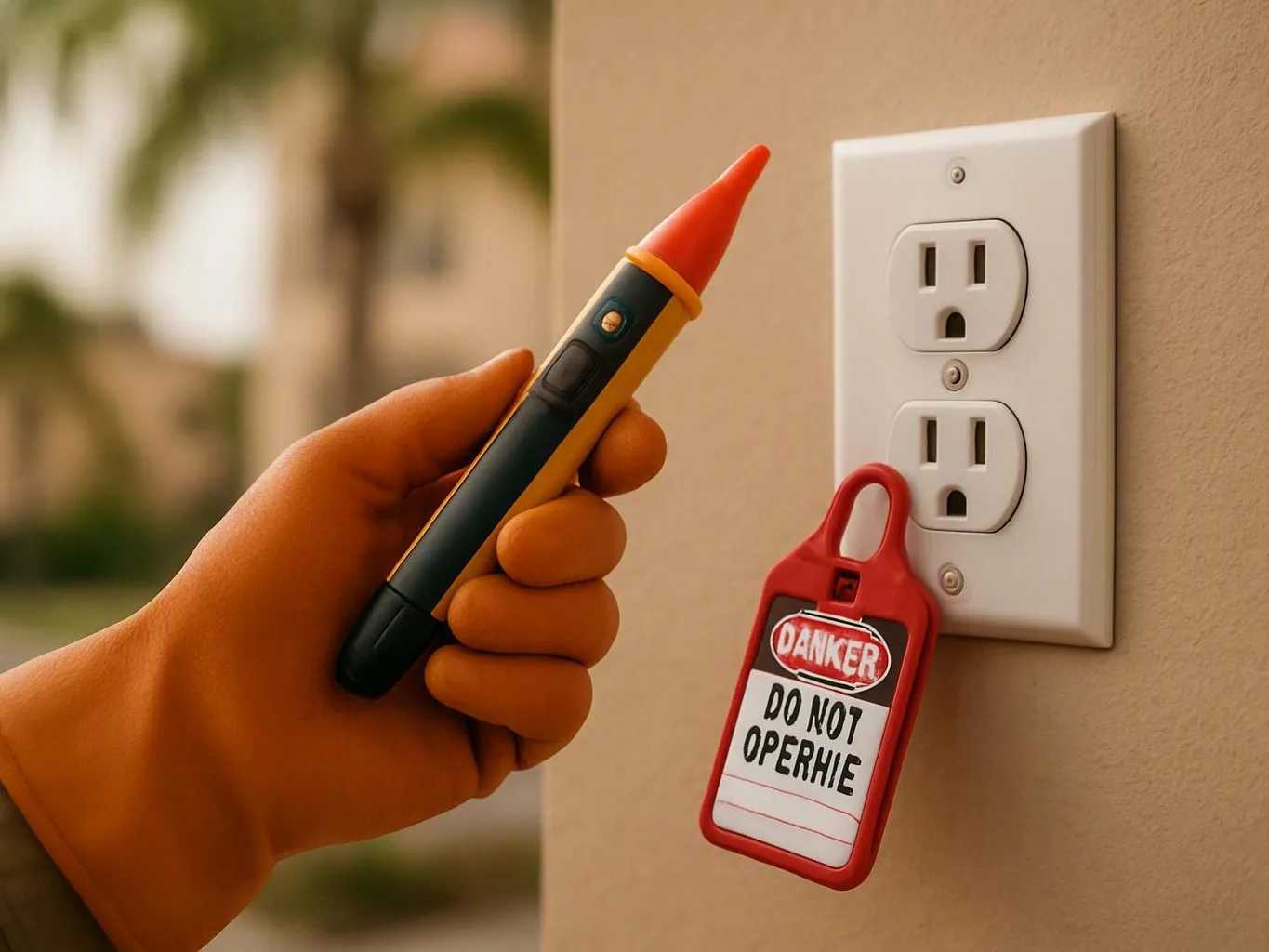 Hand using a voltage tester near a wall outlet marked with a danger tag