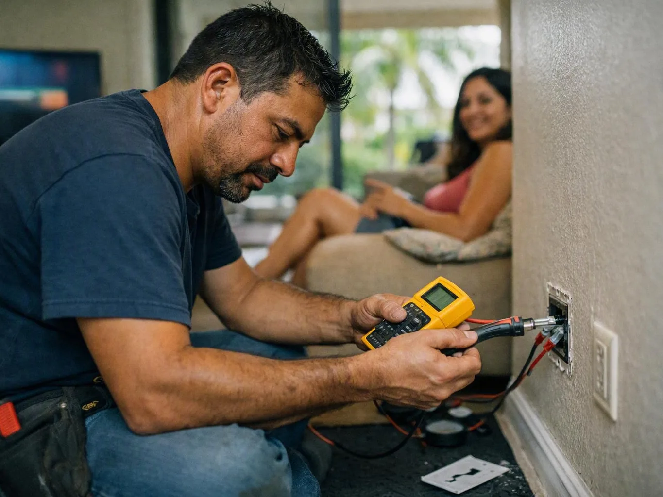 Electrician tests wall outlet wiring with a yellow meter while a woman sits on