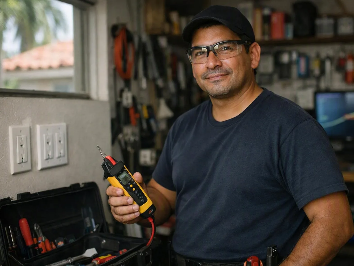 Electrician testing a breaker panel inside a home