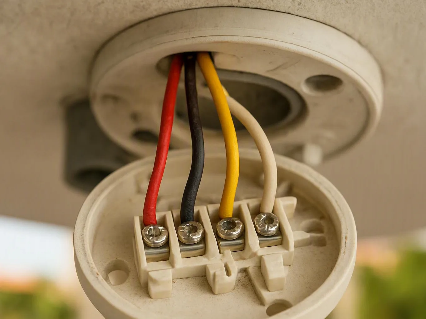 Close-up of beige ceiling light fixture with colored wires attached to screw