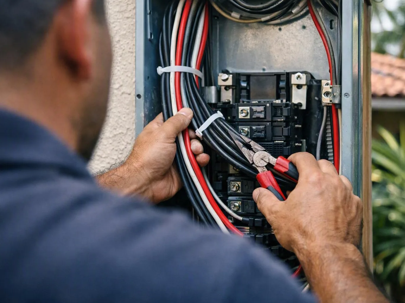 Electrician uses pliers to cut wires inside an open outdoor electrical breaker