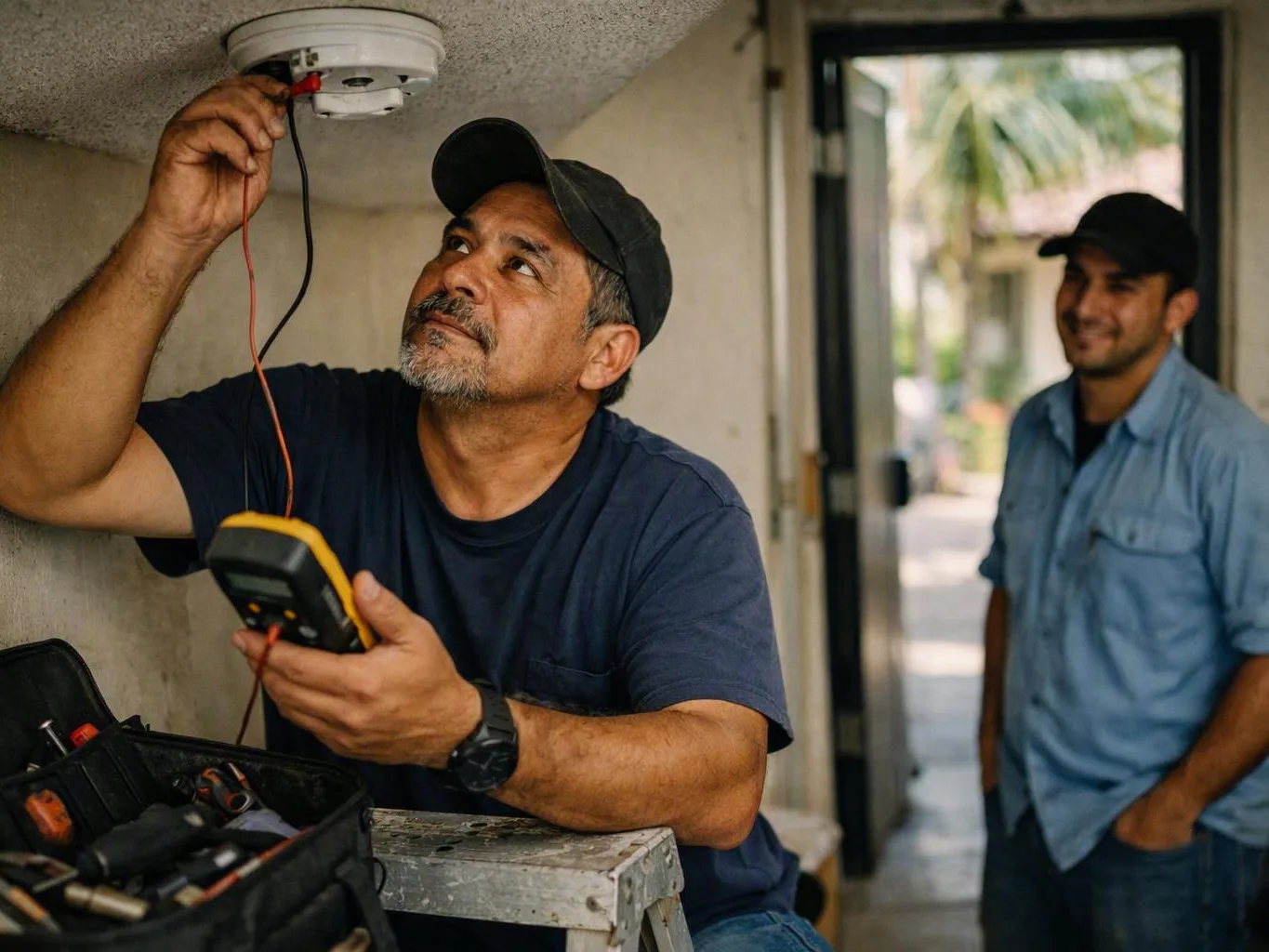 Technician tests a ceiling smoke alarm with a meter as another man observes