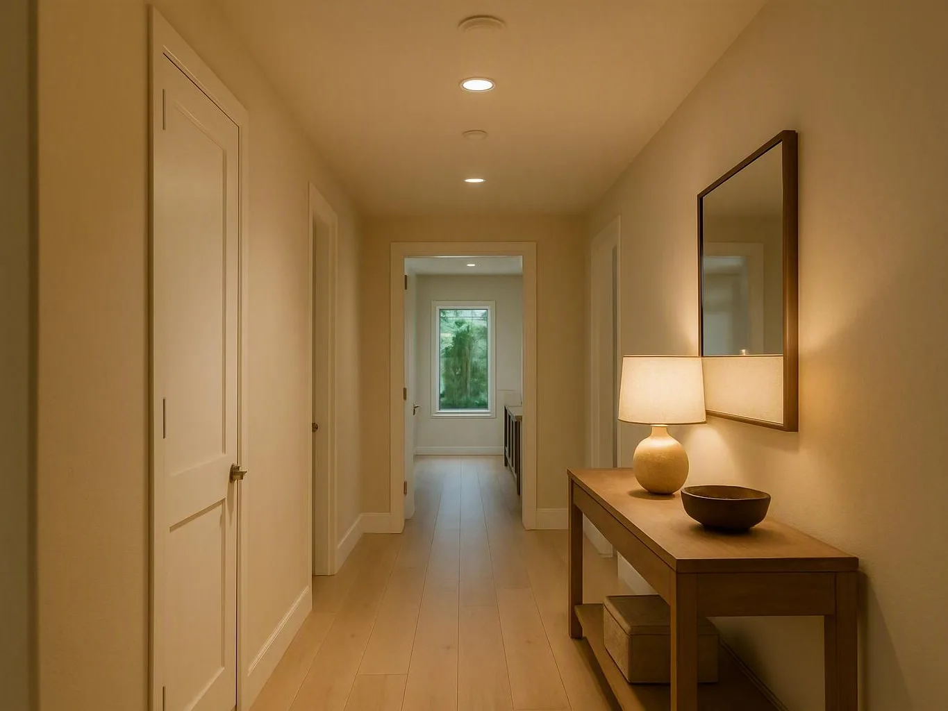 Narrow hallway with recessed lighting, white doors, console table, lamp, and